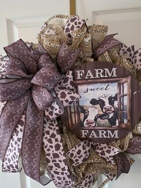 Farm Sweet Farm Cow Wreath with Brown Ribbons